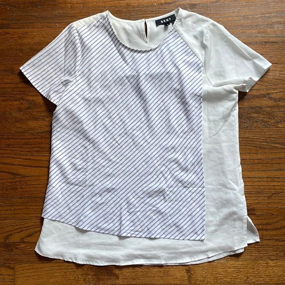 DKNY Women’s White and Blue Striped Layered Look Top